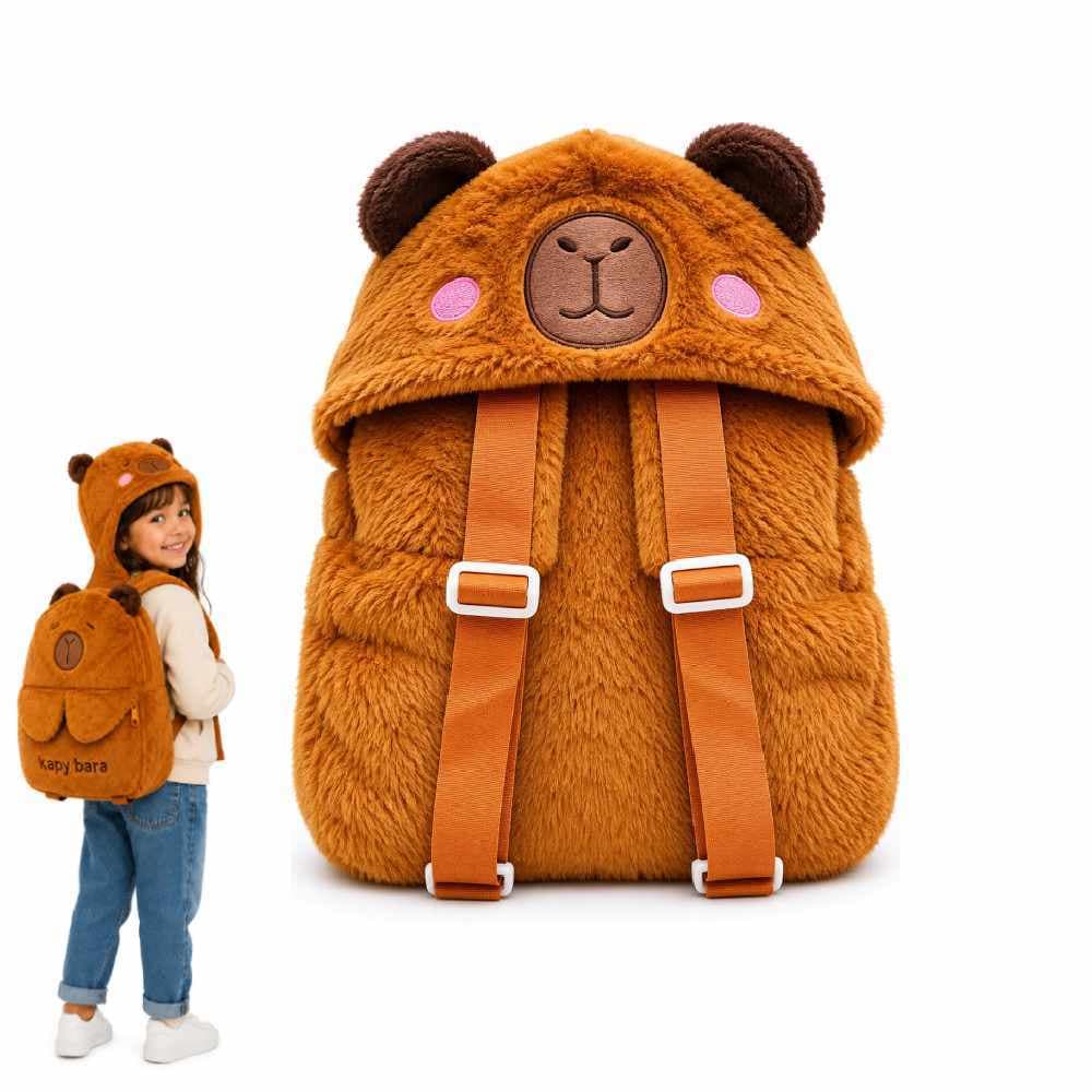 Mochila Infantil Capivara Pelúcia com Capuz Bordado Bolsa Macia Quentinha Escolar Passeio