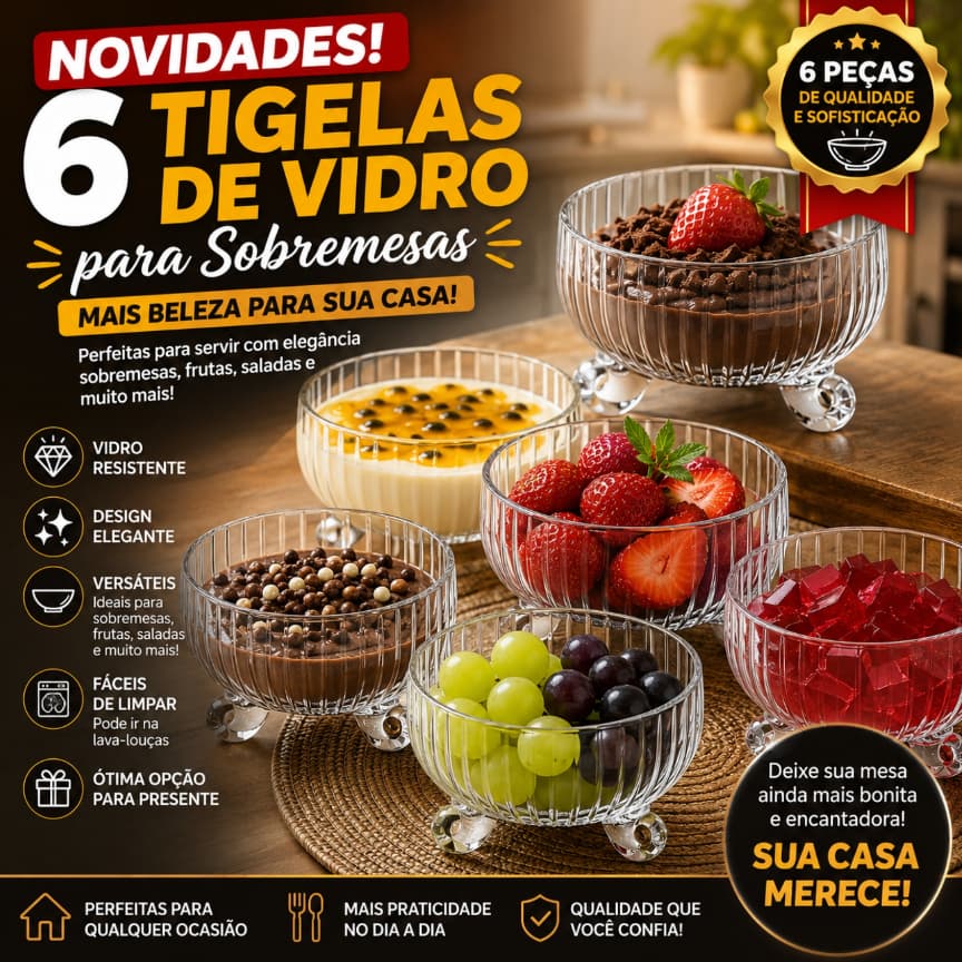 Jogo com 6 Tigelas para Sobremesas para Sorvete Pudim Frutas e Doces Conjunto Ideal para Servir Porções.
