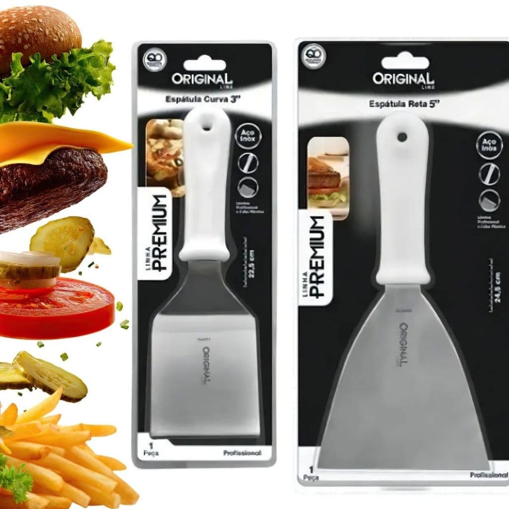 Kit 2 Espátulas Inox Reta Curva Original Line Lanches Chapa Cozinha Chapeiro Lanchonete Pizza Massas