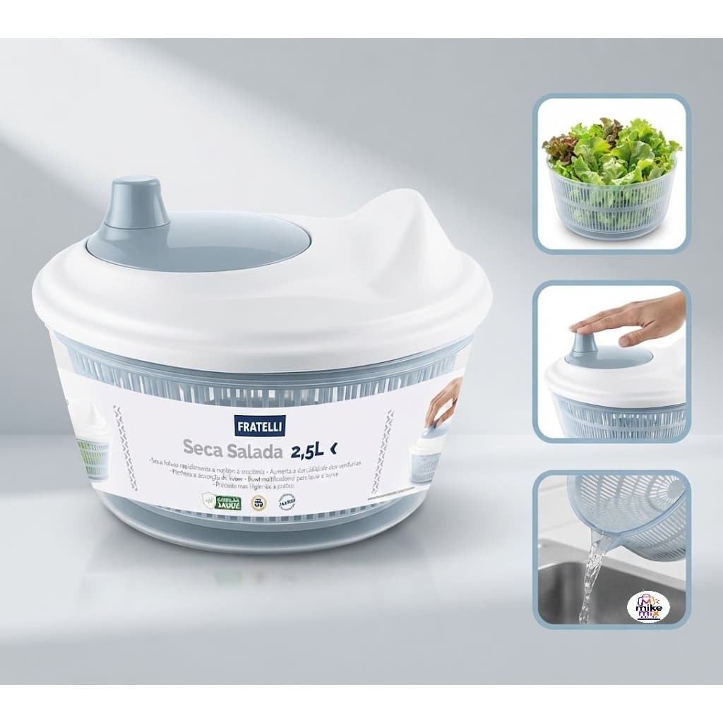 Seca Folhas Salada 2,5L Cinza Centrífuga Manual Escorredor de Alface Verduras Legumes Utensílio Cozinha