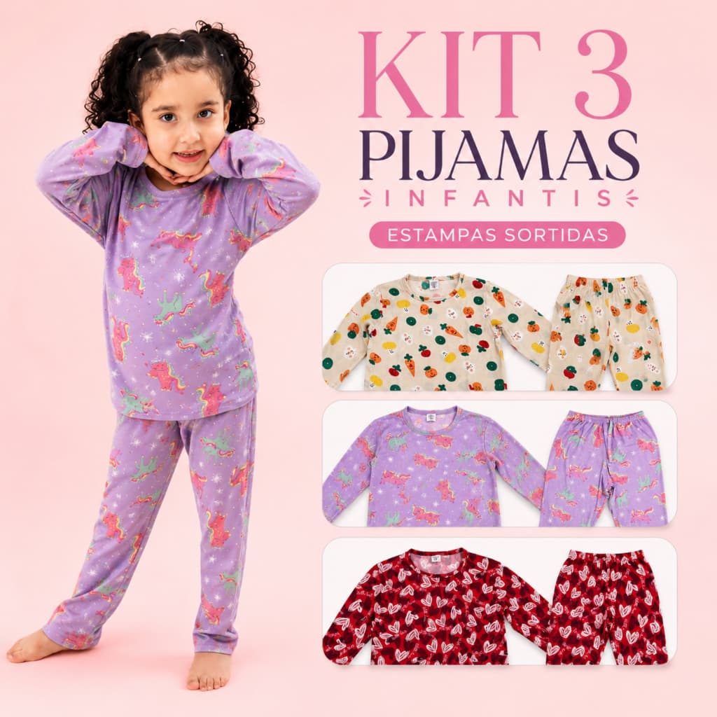 Kit 3 Pijamas Infantil Menina Manga Longa Inverno 6 Peças Estampas Sortidas Roupa de Dormir