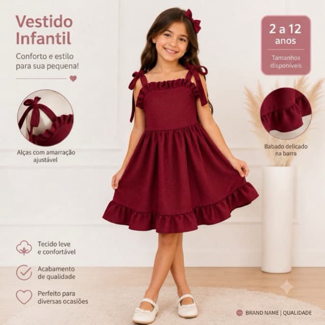 Vestido Infantil Marsala Encanto com Laços e Babados Elegante 2 ao 10 Anos