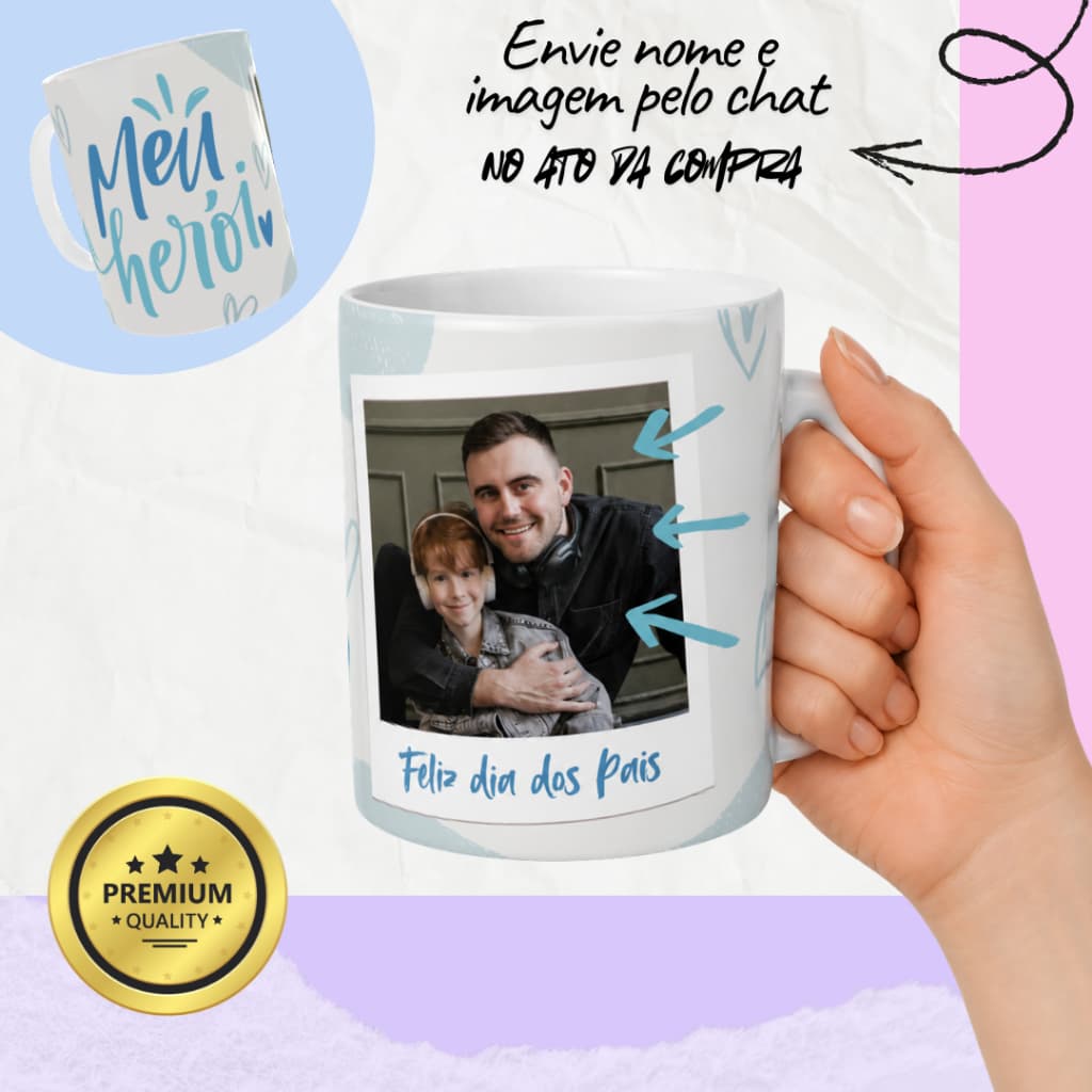 Caneca Porcelana Personalizada Pai Xícara Meu Herói Personalizada Foto Nome Presente Dia dos Pais