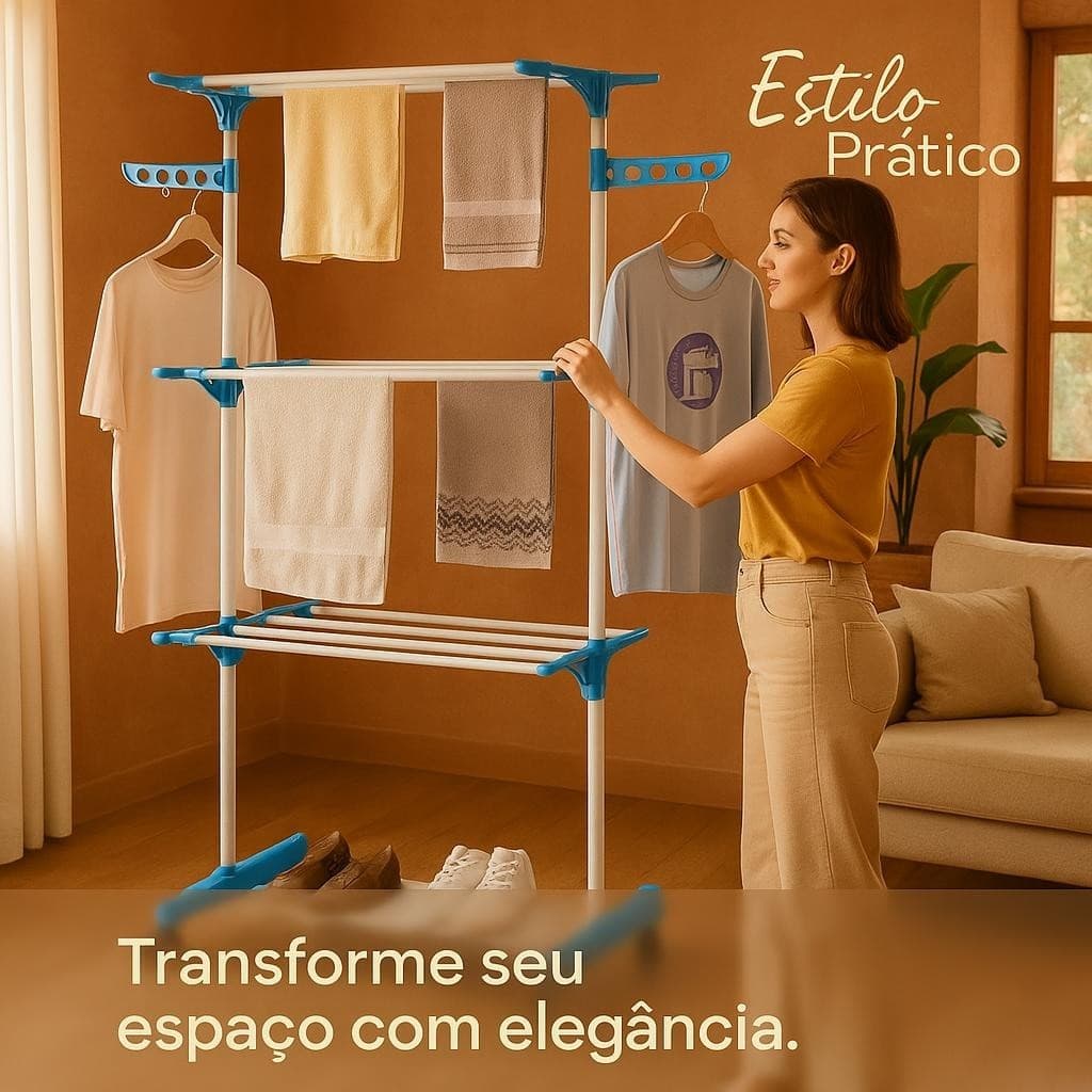 Varal Chao Multiuso Organizador 3 Andares Com Cabideiro Pratico Resistente Azul