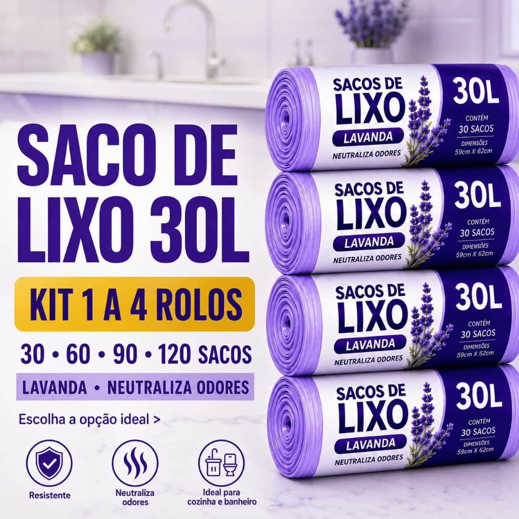 Saco de Lixo 30L Perfumado Lavanda Neutraliza Odores Reforçado Cozinha Banheiro 59x62