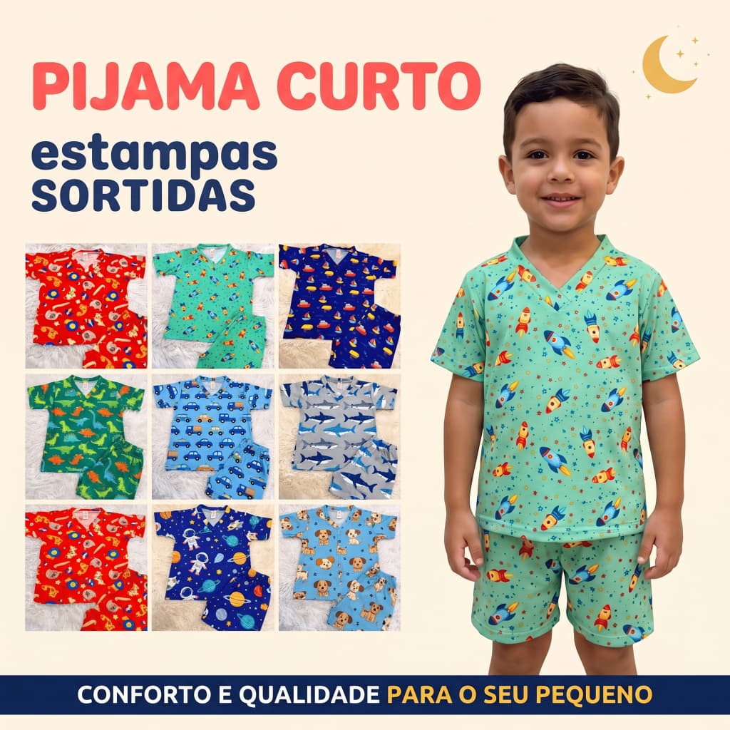 Pijama Infantil Menino Kit 3 Manga Curta e Short Soft Suede Verão Estampas Sortidas 1 a 12 Anos
