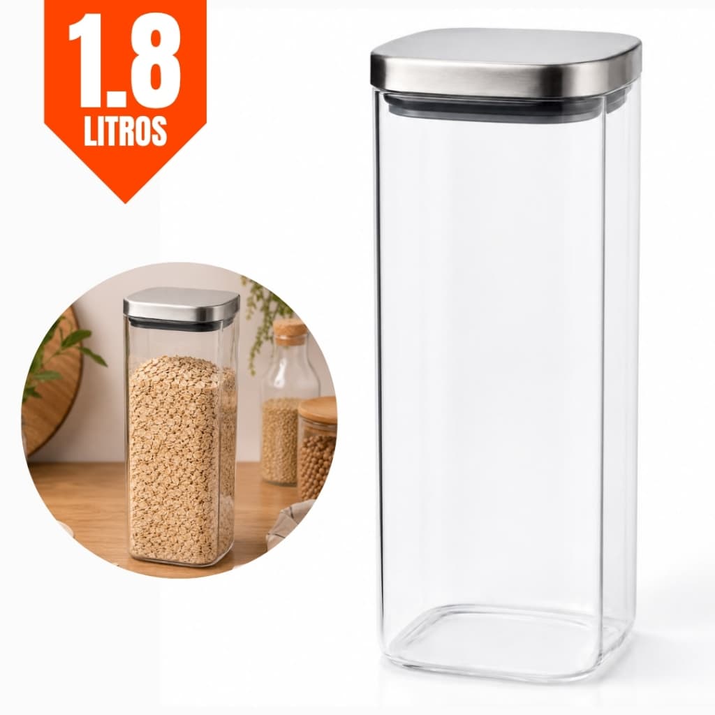 Pote Hermético de Vidro Borossilicato1,8L com Tampa em Inox para Mantimentos e Alimentos
