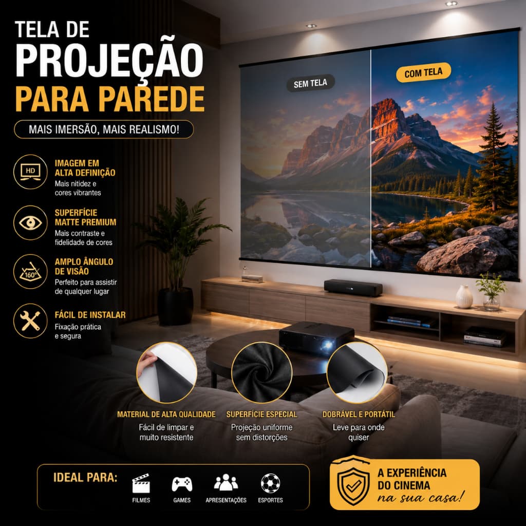 Tela de Projeção Tecido Dry Fit Ultra HD Premium Anti Amassado Lavável Alta Qualidade