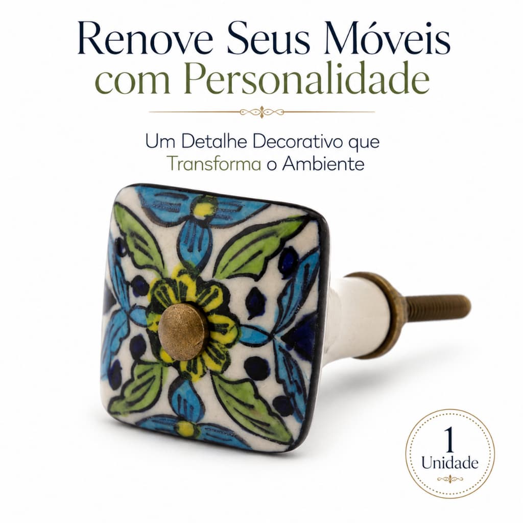 Puxador em Cerâmica Quadrado Floral Azul Portas Gavetas