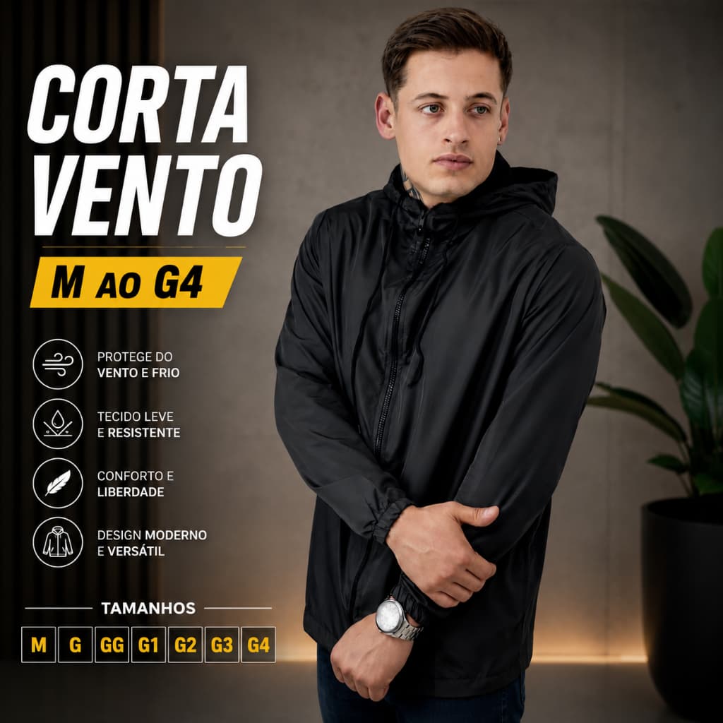 Jaqueta Corta Vento Preta Masculina Tecido Aspen Esportiva Repelente a Agua