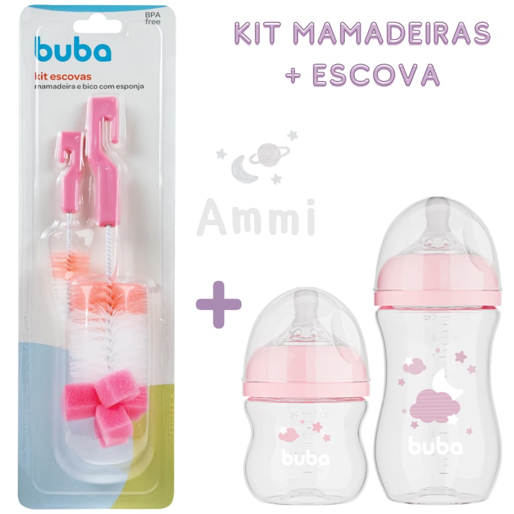 Kit 2 Mamadeira Anticólica Buba 120ML E 270ML + Escova de Lavar Mamadeira Rosa