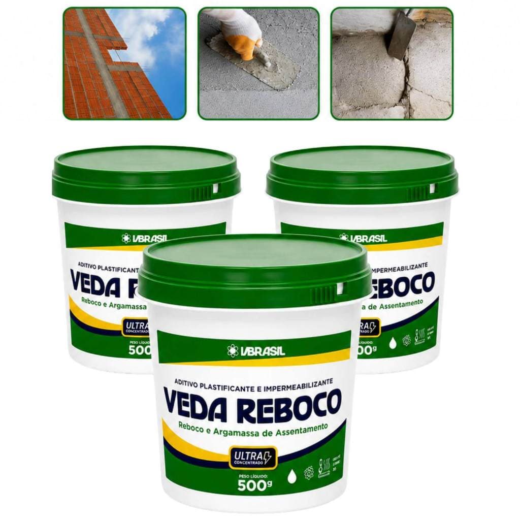 Kit 3 Veda Reboco Impermeabilizante Plastificante Anti Umidade Alto Rendimento Para Reboco E Massa
