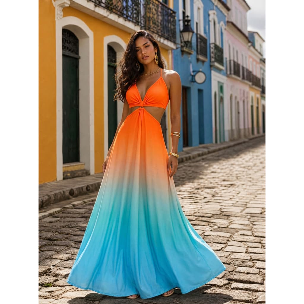 Vestido Longo Feminino Tie Dye Degradê Laranja Azul Alça Fina Decote V Cut Out Cintura Praia Verão Elegante Festa
