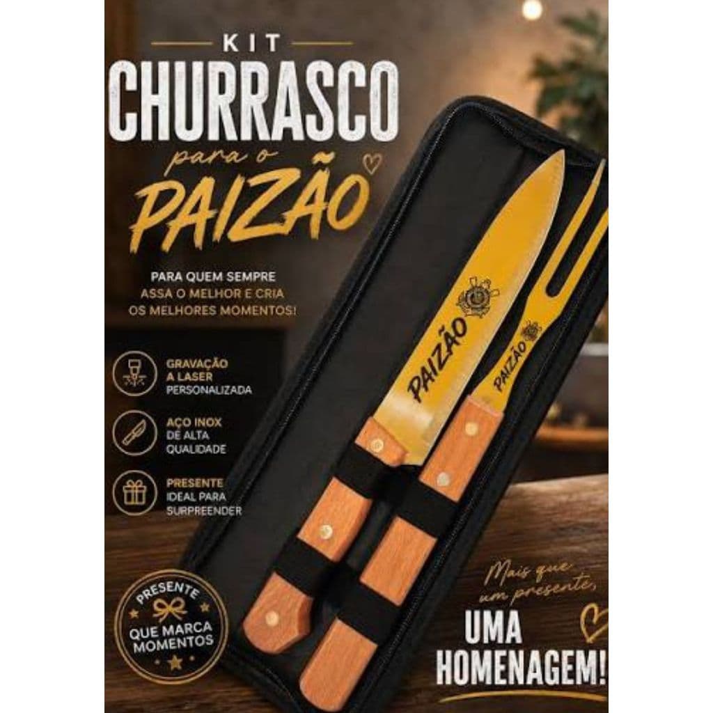 Kit Churrasco Inox Personalizado Nome aplicação dtf uv Estojo Luxo Presente Dia Dos Pais Aniversário