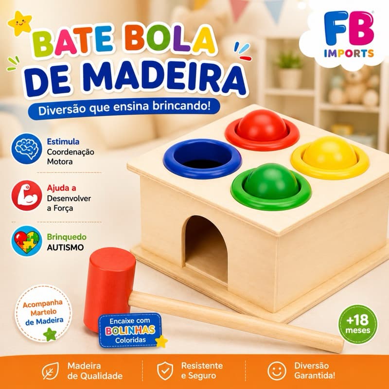 Bate Bola Madeira | Brinquedo Educativo Coordenação Motora | Encaixe com Bolinhas Coloridas e Martelo