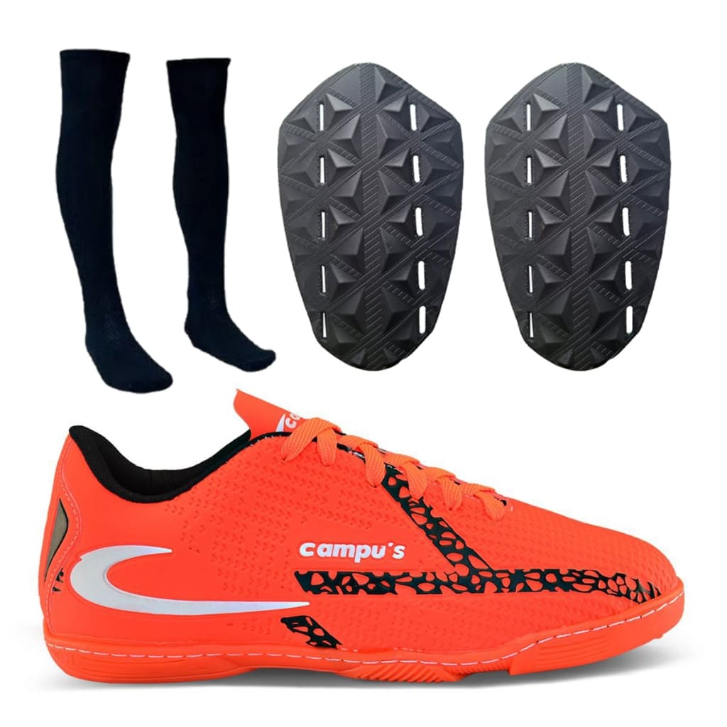 Combo Chuteira Futsal Indoor Meião e Caneleira Sola de Borracha Costurada Resistente Profissional