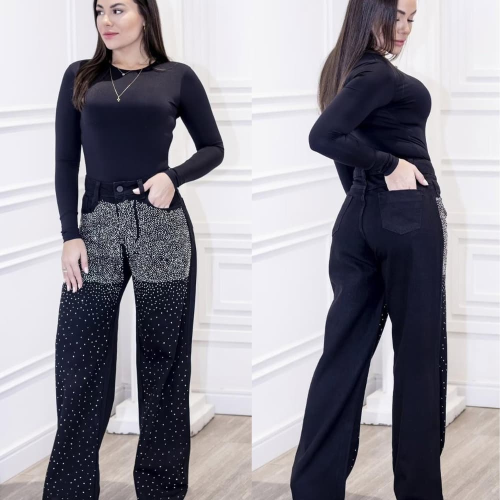 Calça Jeans Wide Leg Com Strass na Frente, Cintura Alta - Modelo Duplo Crystal