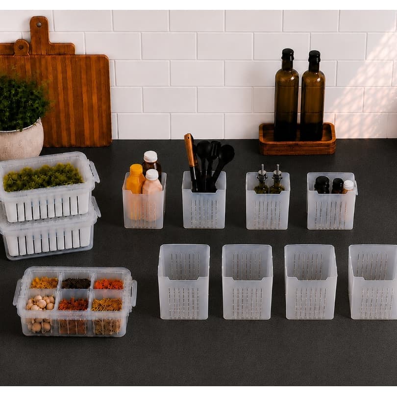 Kit Geladeira com 2 Potes Escorredores 1 Porta Tempero 8 Organizadores de Porta