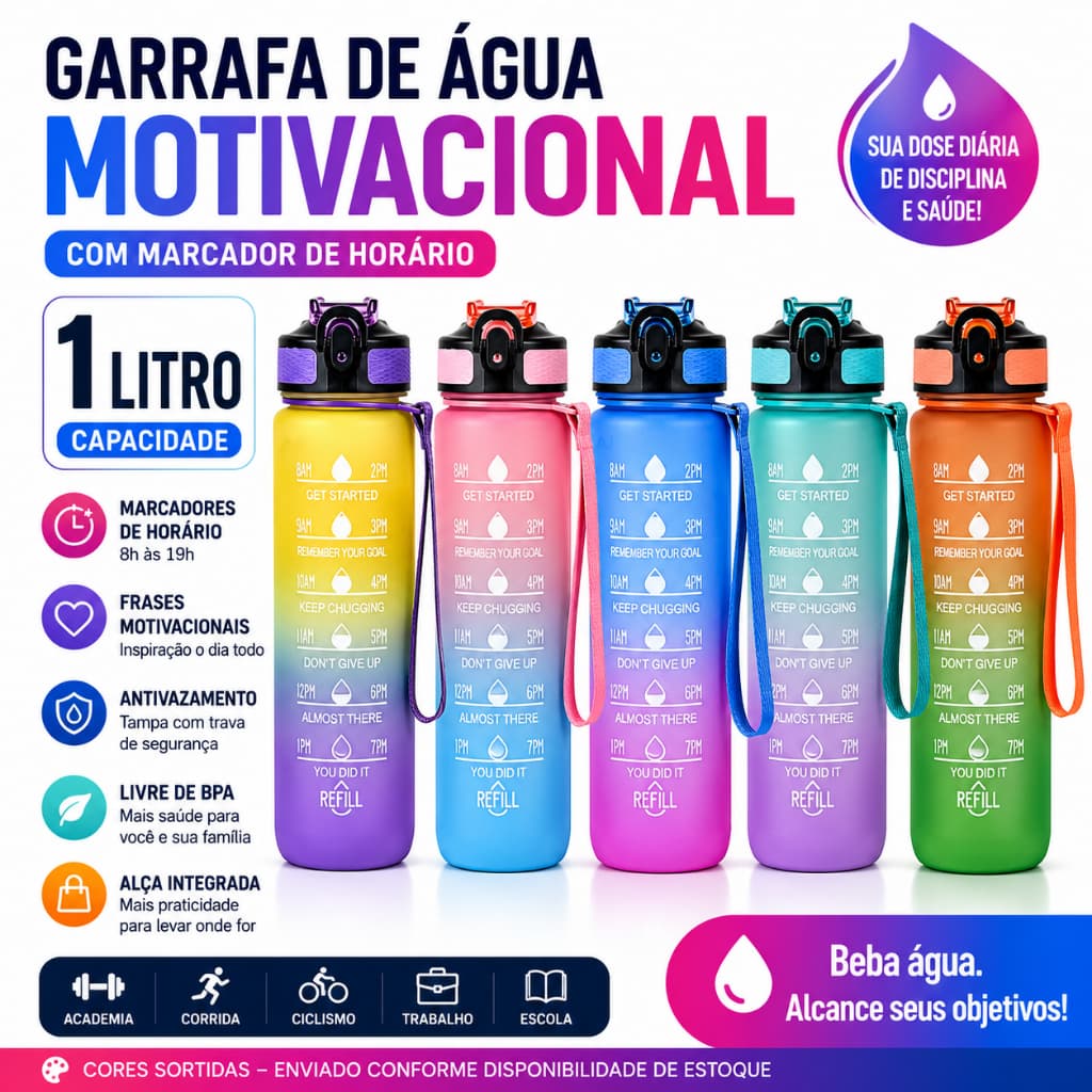 Garrafa de Água Motivacional 1 Litro com Marcador de Horário Livre BPA Antivazamento Cores Sortidas