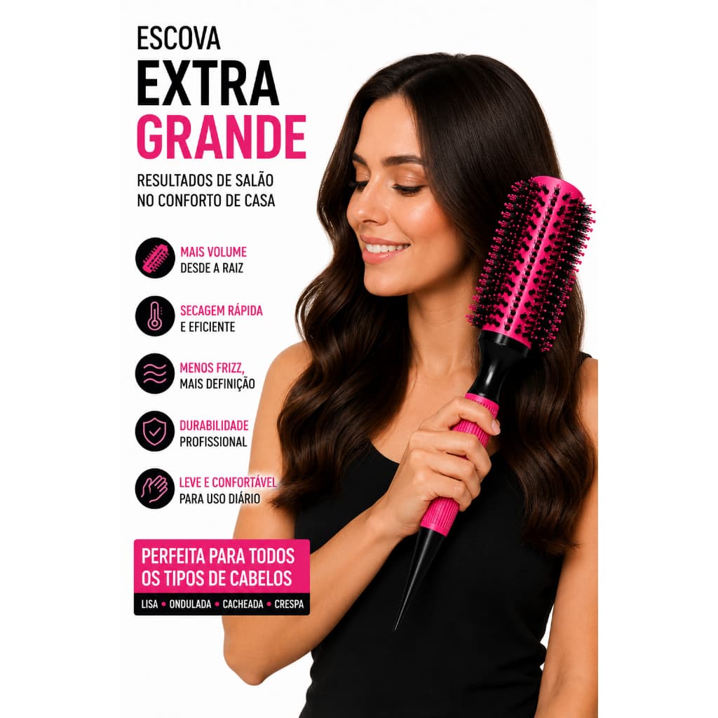 Escova Redonda Extra Grande Nº18 na cor Rosa – Seca, Alisa e Modela com Muito Mais Facilidade