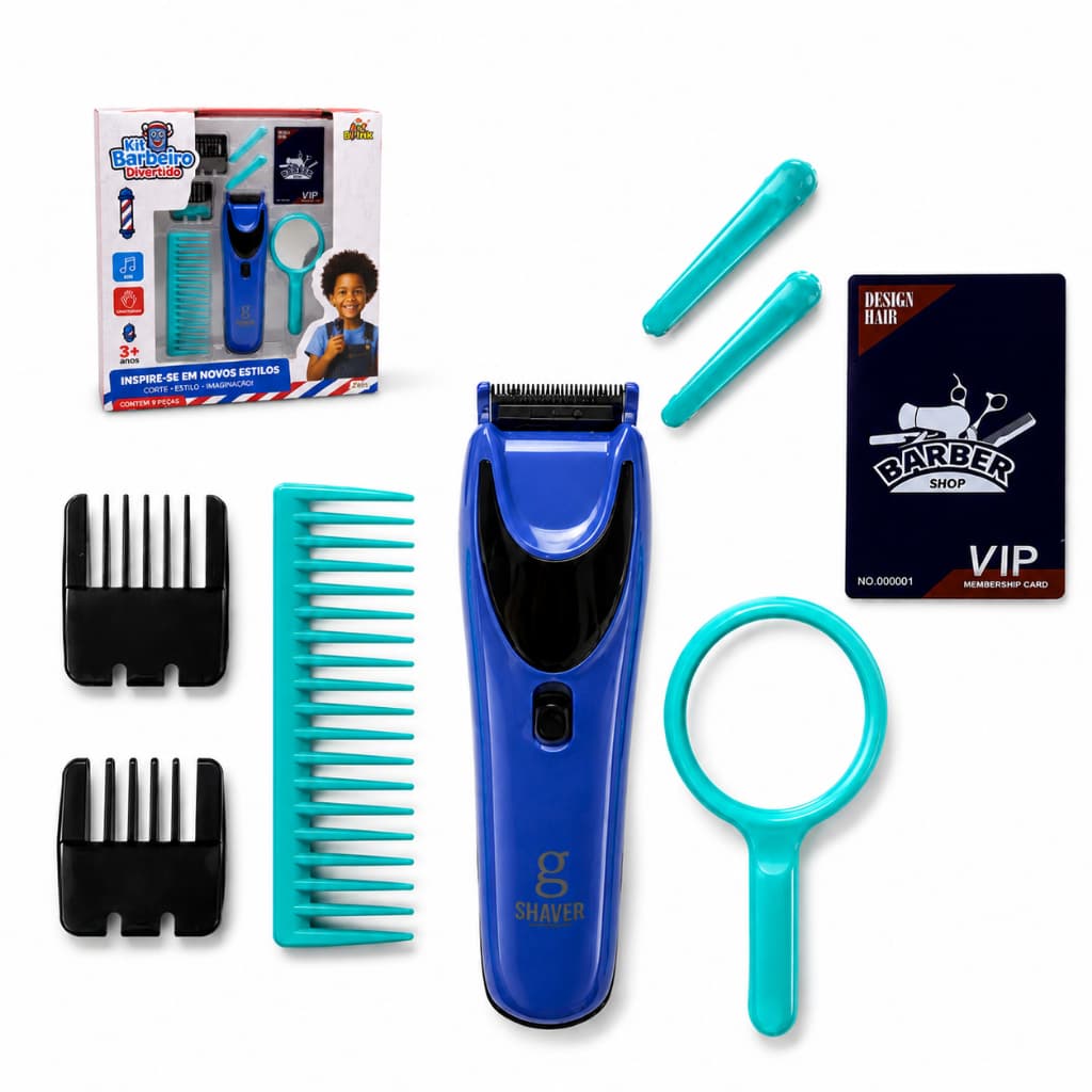 Kit Barbeiro Infantil Brinquedo Barbearia Liga e Faz Som 9 Peças