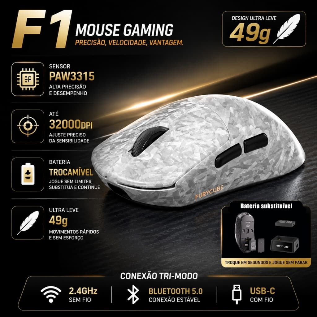 Mouse gamer F1 sam fio paw3315 32000DPI software 49g ultraleve 300mah BT 2.4G Bateria substituível win mac PC