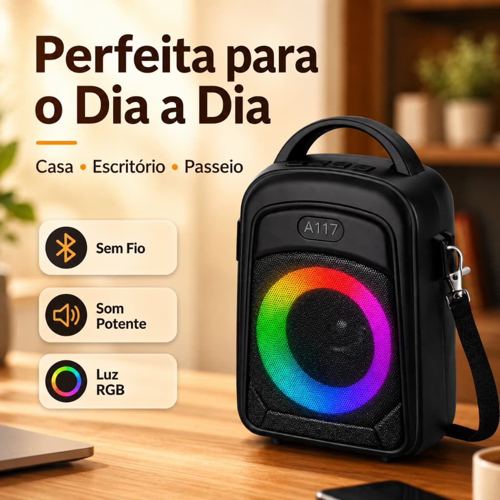 Caixa de Som Bluetooth para Casa, Escritório e Passeio com Luz RGB e Alça – A117 Preta