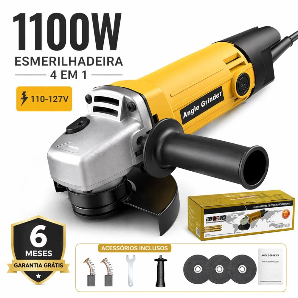 Máquina Esmerilhadeira Elétrica 110-127V 1100W 115mm Com Fio Para Corte Lixamento E Acabamento