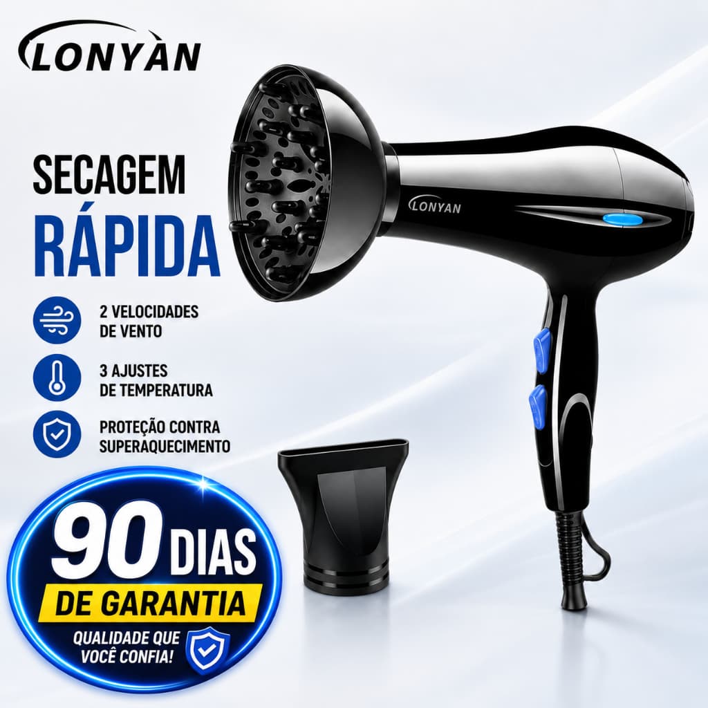 Secador Profissional com Difusor 127V ou 220V 5 Temperaturas Turbo Íons Negativos Secagem Rápida Anti-Frizz LONYAN 8020