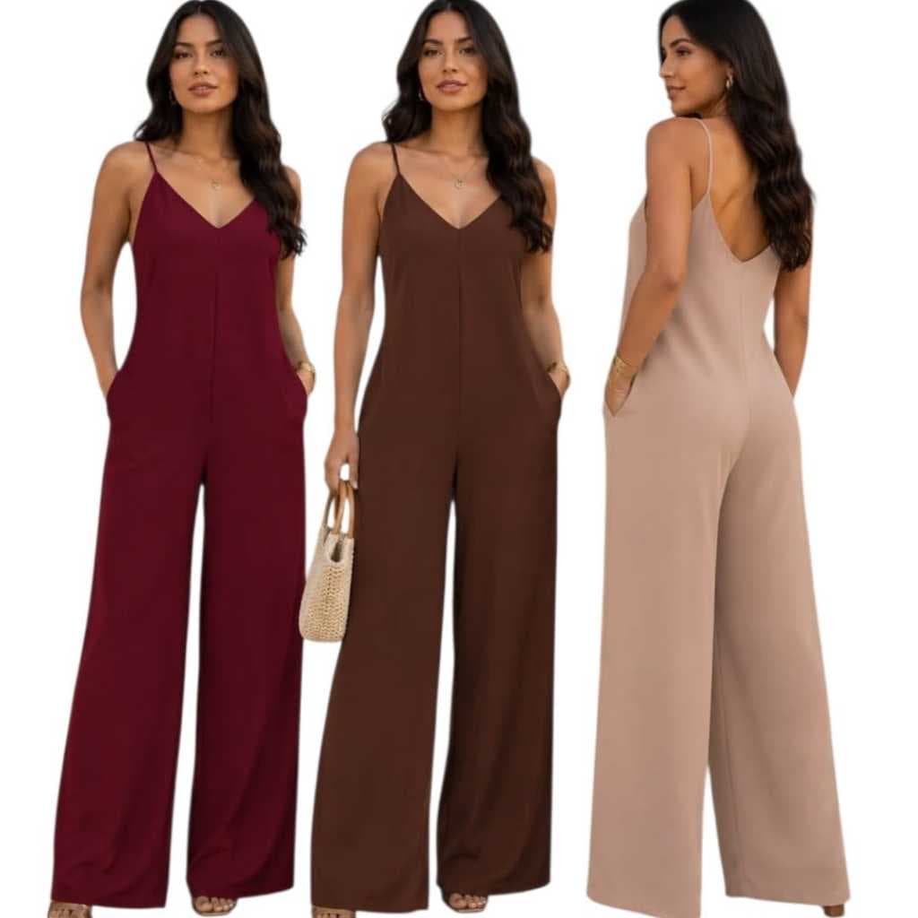Macacão Feminino Longo Pantalona Elegante Soltinho Com Bolsos