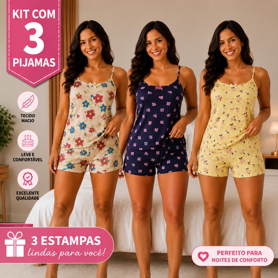 Kit Com 3 Pijamas Femininos Baby Doll Microfibra Estampados Leves e Confortáveis