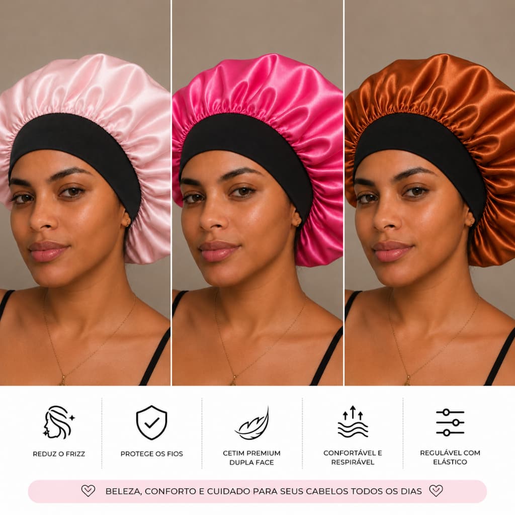 Kit 3 Toucas de Cetim Premium Dupla Face Anti Frizz Bonnet Para Dormir Ajustável Cacheado Crespo Lisa