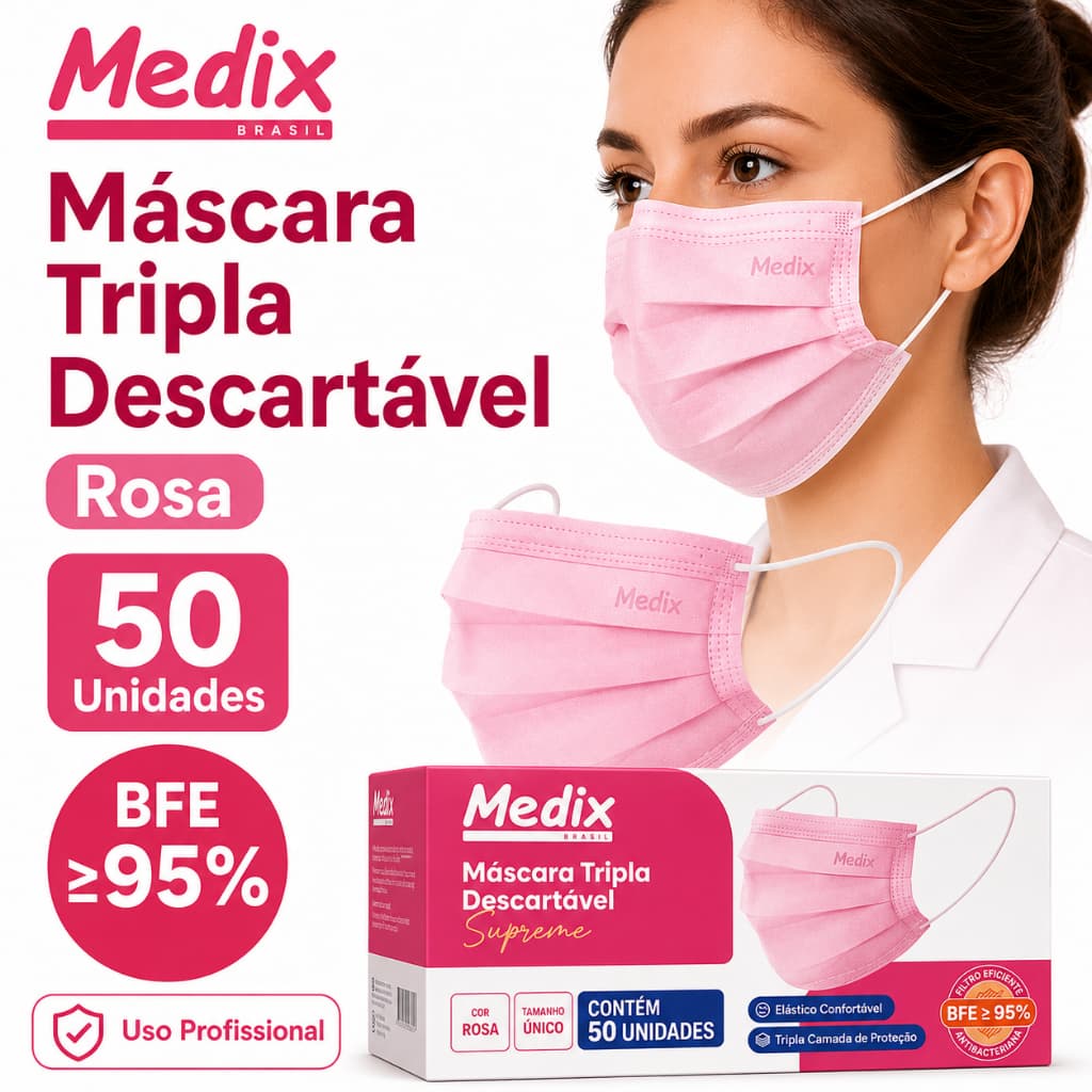 Máscara Descartável Rosa Tripla Com Clip Nasal Medix Cirúrgica Hospitalar BFE ≥95% Uso profissional ANVISA