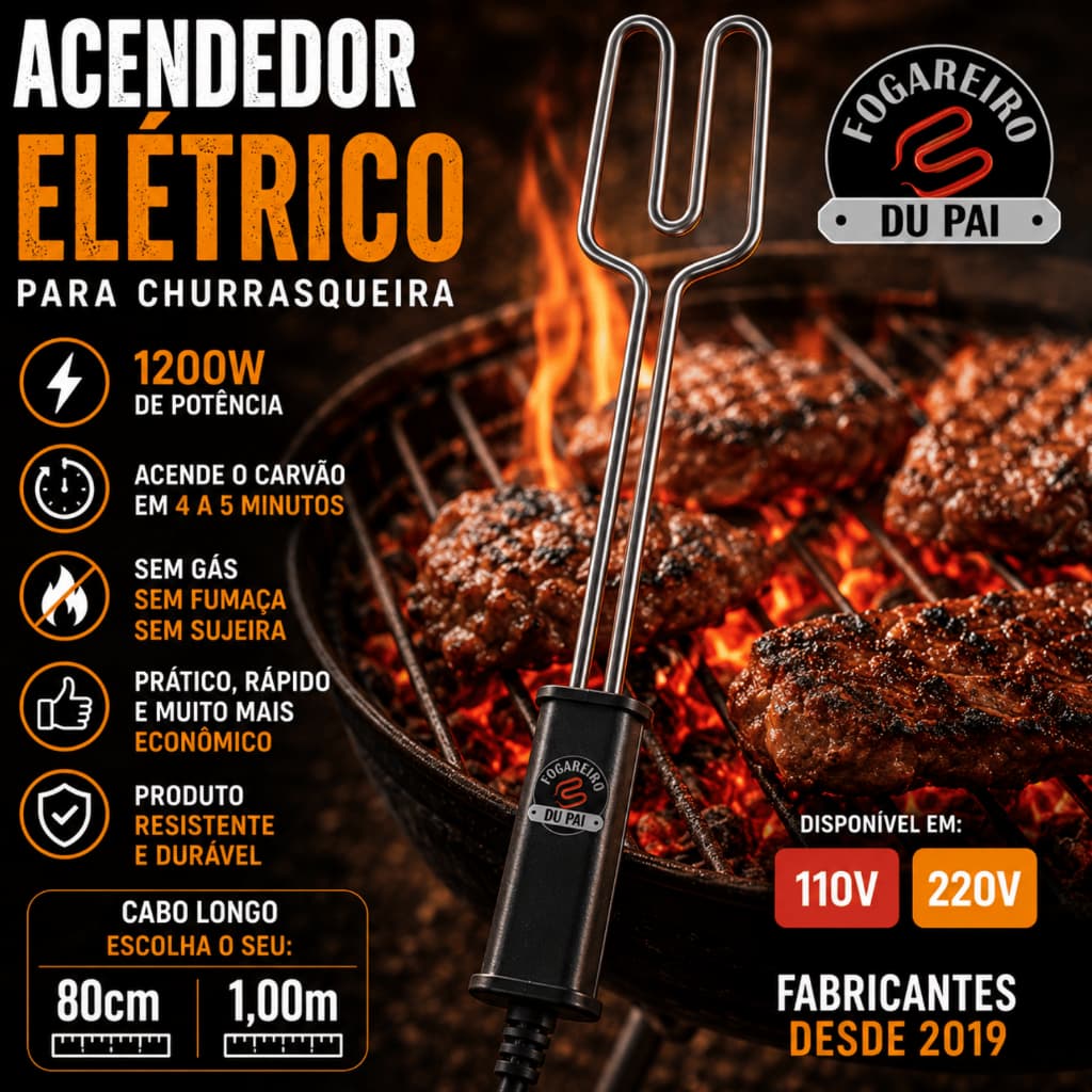 Acendedor Elétrico Churrasqueira 1200W Acende Carvão Rápido Cabo 80cm e 1m Du Pai Fabricação Própria