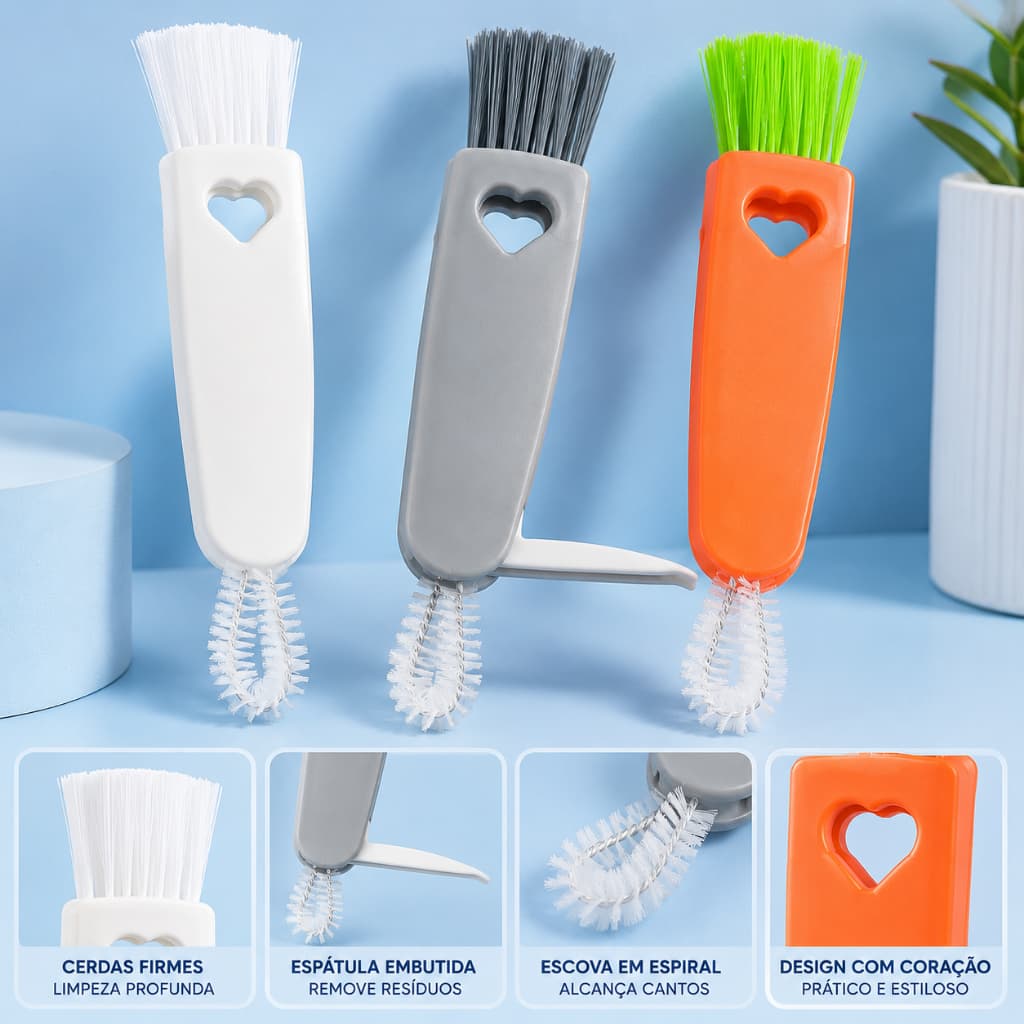 Escova Limpeza Tampa Garrafa 3 Em 1 Multiuso Copo Térmico Squeeze Mamadeira Com Espátula