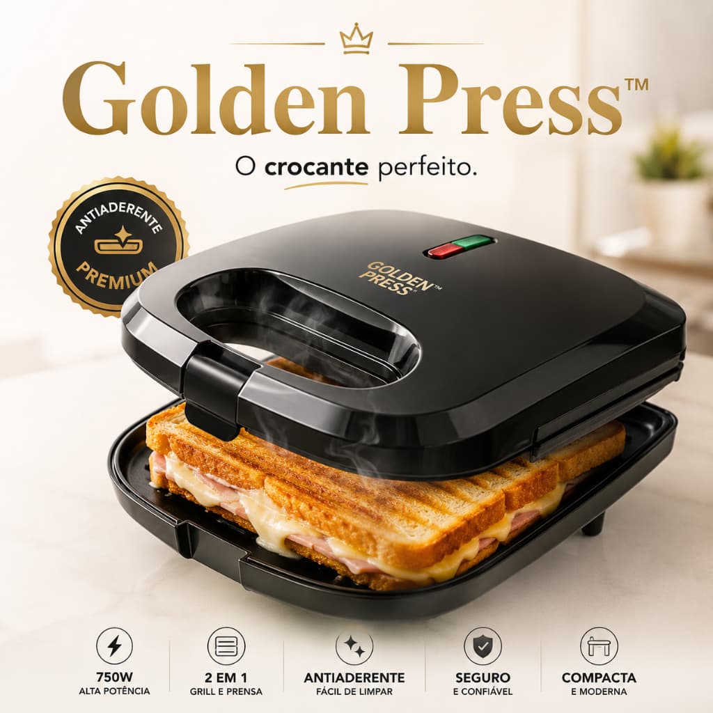 Sanduicheira Elétrica Golden Press™ 750W Grill 2 em 1 Antiaderente Prensa Dupla 127V Lanches e Grelhados