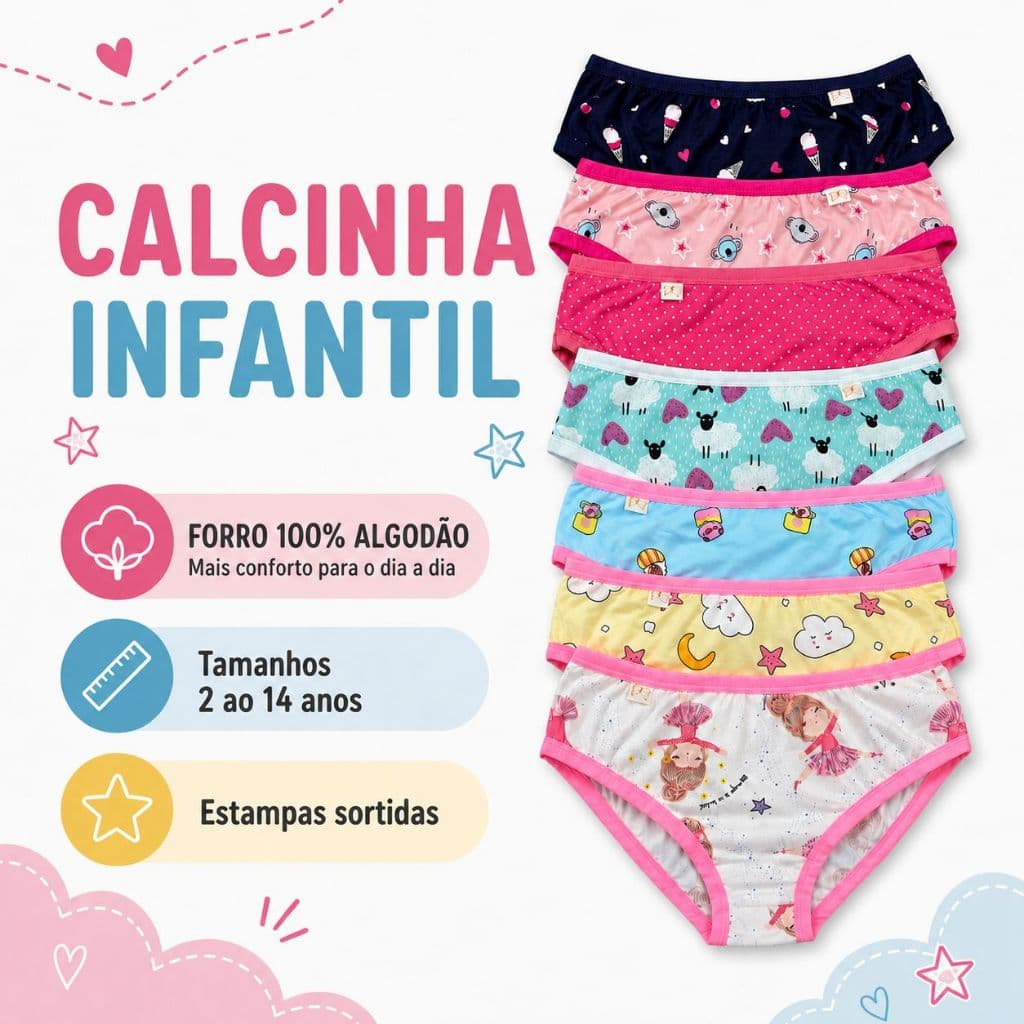 Kit Calcinha Infantil Juvenil Forro 100% Algodão De 04 a 14 Anos