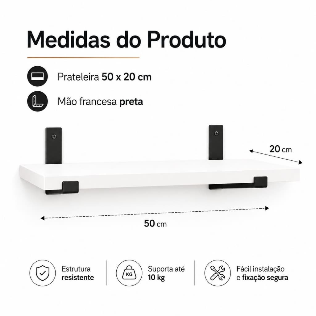 Prateleira de Parede MDF 50x20 cm Branca para Quarto e Sala COM SUPORTE FACIL DE INSTALAR