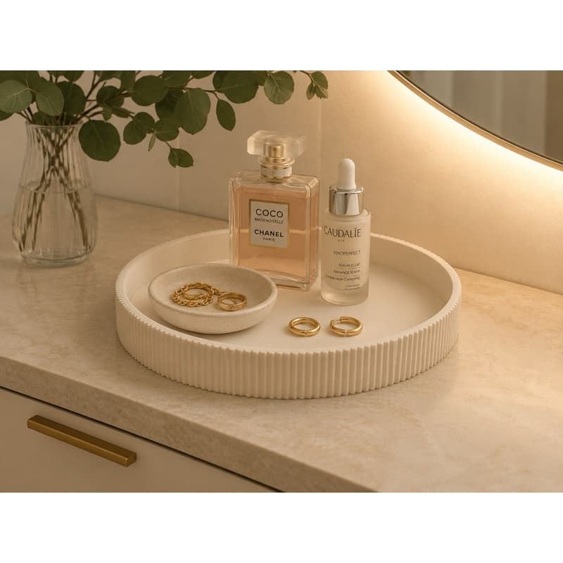 Bandeja Redonda Canelada Decorativa 20x20 cm | Organizador para Banheiro, Lavabo, Perfumes e Decoração