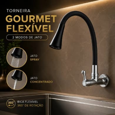 Torneira Cozinha Gourmet Flexível Para Parede E Pia 2 Modos De Jatos Com Acabamento Premium Silicone Articulável