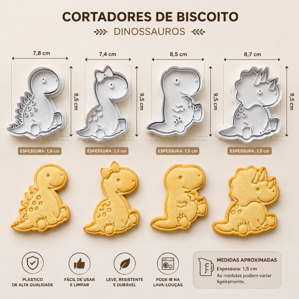 Kit 4 Cortadores de Biscoito Dinossauros com Marcador para Cookies Pasta Americana e Biscuit