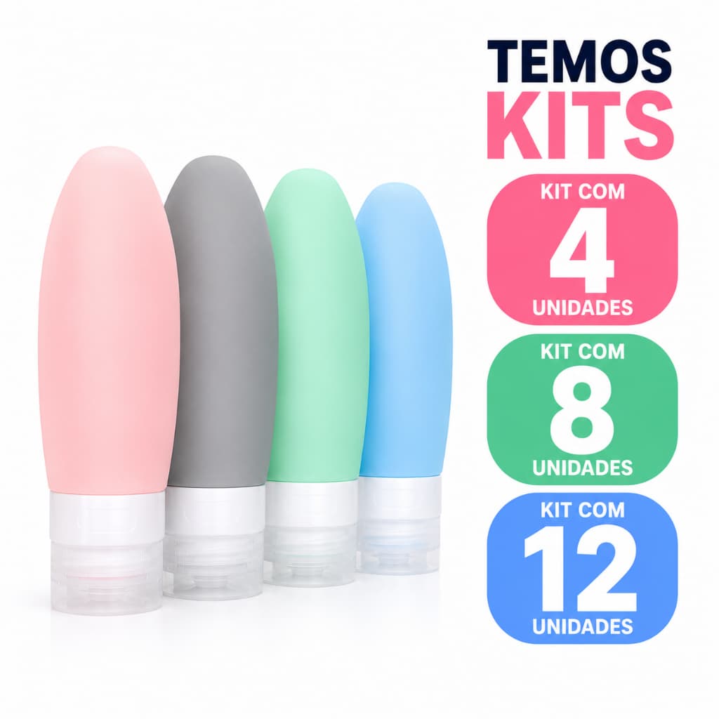 Kit Viagem 12 Frascos Silicone Pote 90ml Porta Creme Shampoo Perfume Loção Corporal Sabonete Líquido