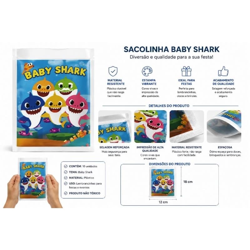 Sacola surpresa Plástica Aniversário Festa Baby Shark c/ 10 unidades