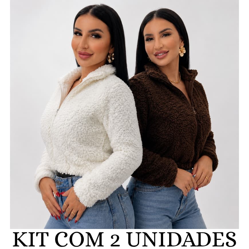 Kit 2 Jaqueta Teddy Pelo Casaquinho Tedy Elegante Pelinho Confortável Zíper Moda Feminina Blogueira