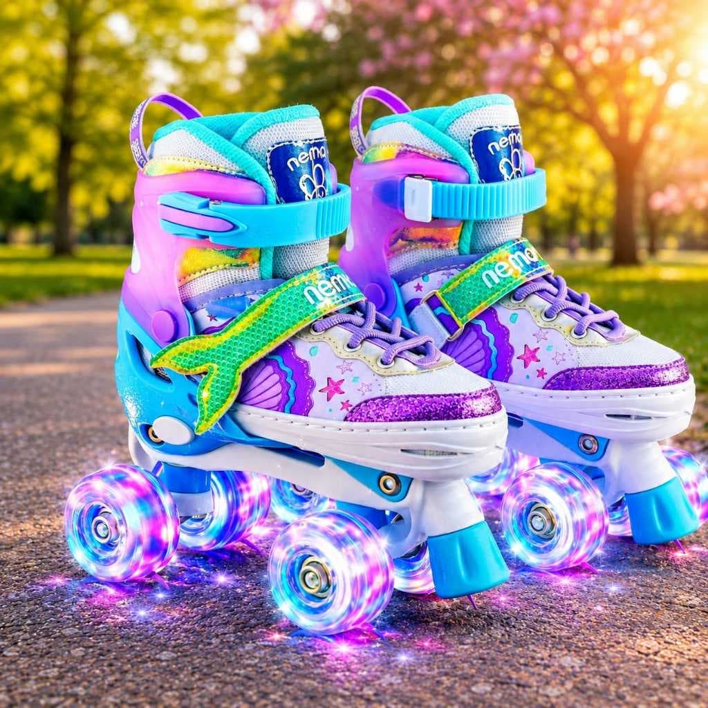 Patins Infantil Menina Led Iluminado  4 Rodas Sereia Roxo