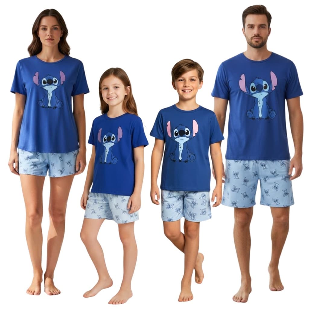 Kit Pijama Família Verão Manga Curta Short Malha PV Adulto e Infantil