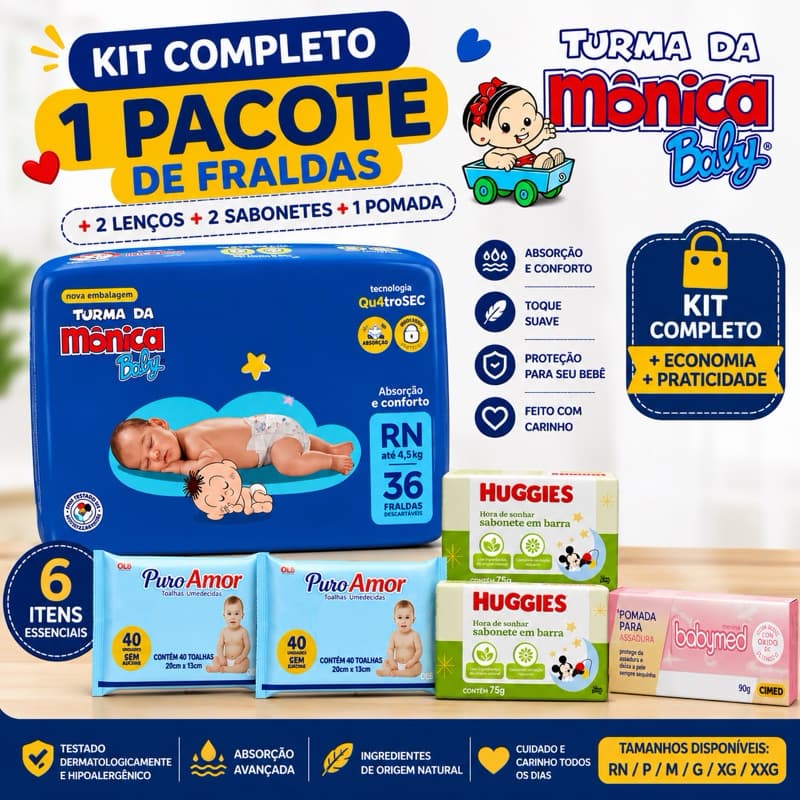 Combo Fralda Turma da Mônica + 2 Lenço Umedecido + 2 Sabonete + 1 Pomada Infantil