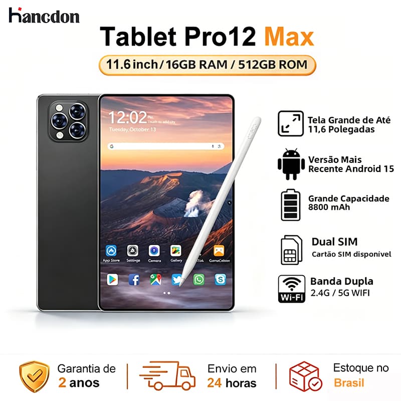 Hancdon Tablet Pro12 Max 12GB+512GB | Android 15 | Tela 11.6" FHD | Bateria 8800mAh MTK6799