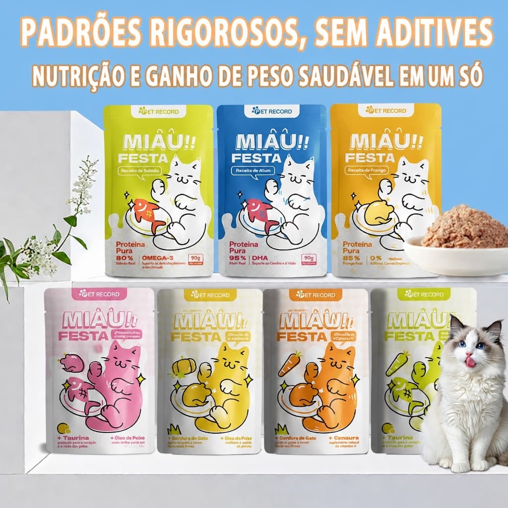 PET RECORD 5 Sachês de ração úmida para gatos com Ômega 3, alta nutrição | Ajuda no ganho de peso e deixa o rosto do gat
