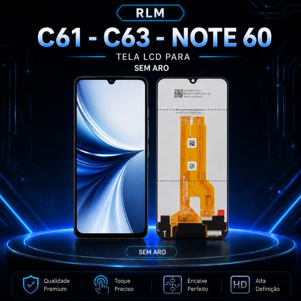 Display Tela LCD Premium RLM C61 C63 Note 60 Sem Aro Cores Vivas Encaixe Preciso e Toque Rápido